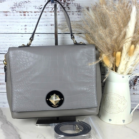 KATE SPADE GRAY BAG VARICK STREET ABBIE EXOTIC LEATHER SUEDE SATCHEL PURSE XBODY - Picture 5 of 16